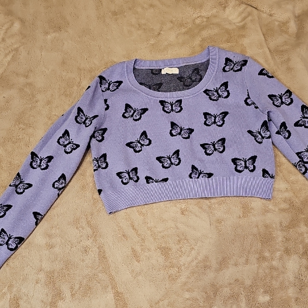 Butterfly Print Purple Cropped Sweater